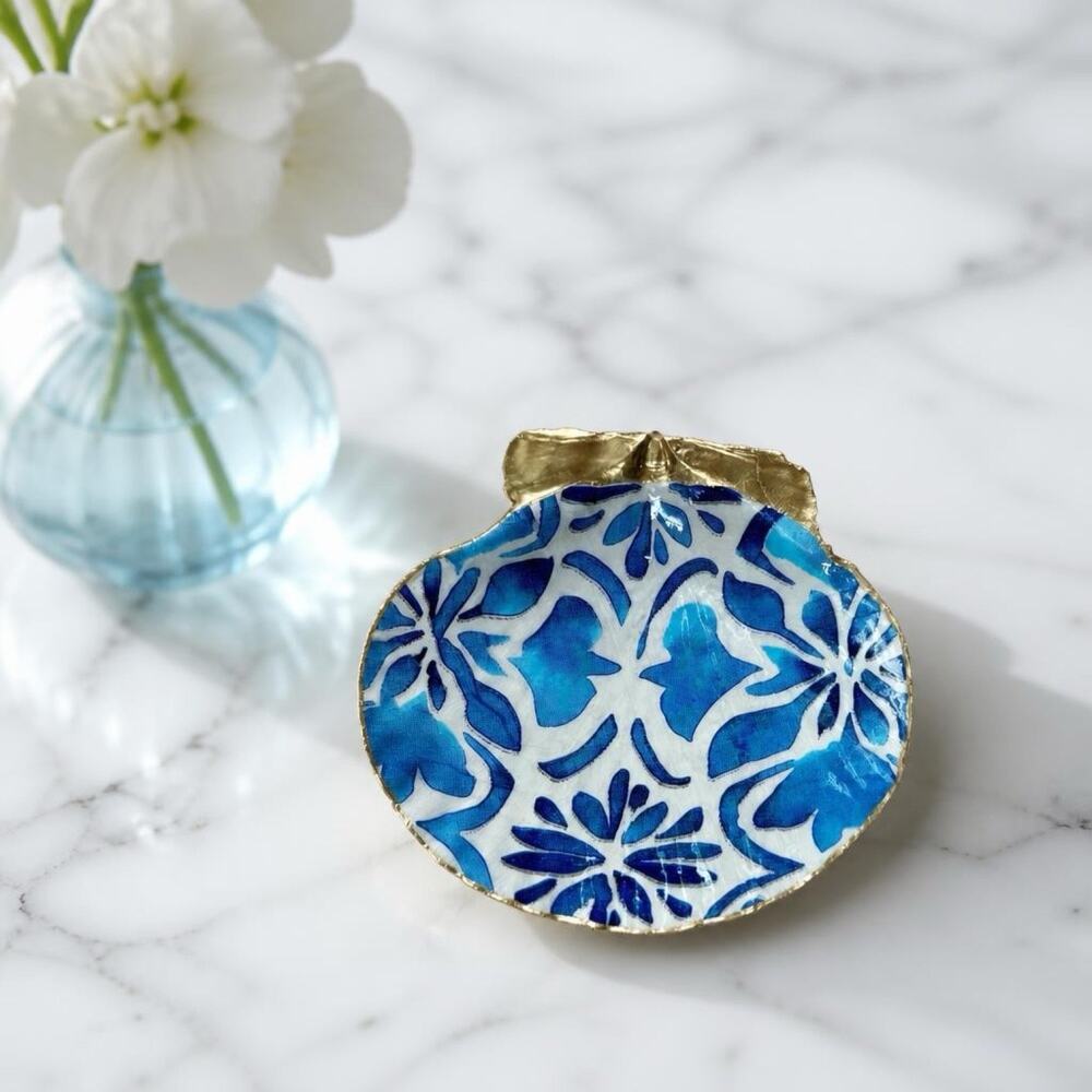 Blue Botanical Shell Trinket Dish | Coastal Jewelry Holder